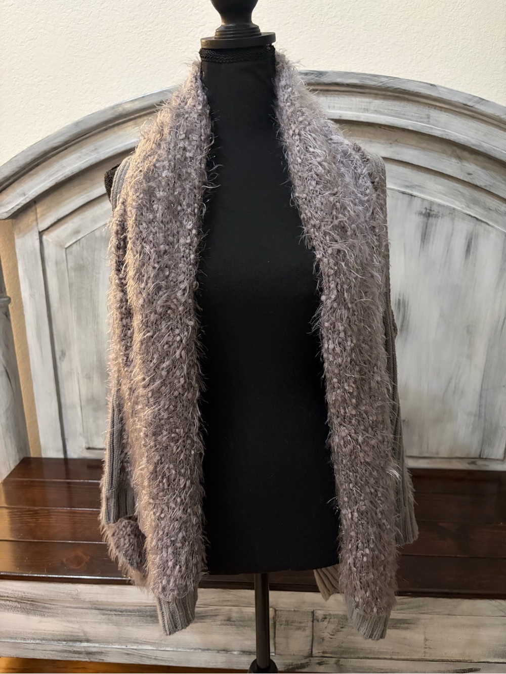 Lumiere Taupe Shag Collar Open Cardigan